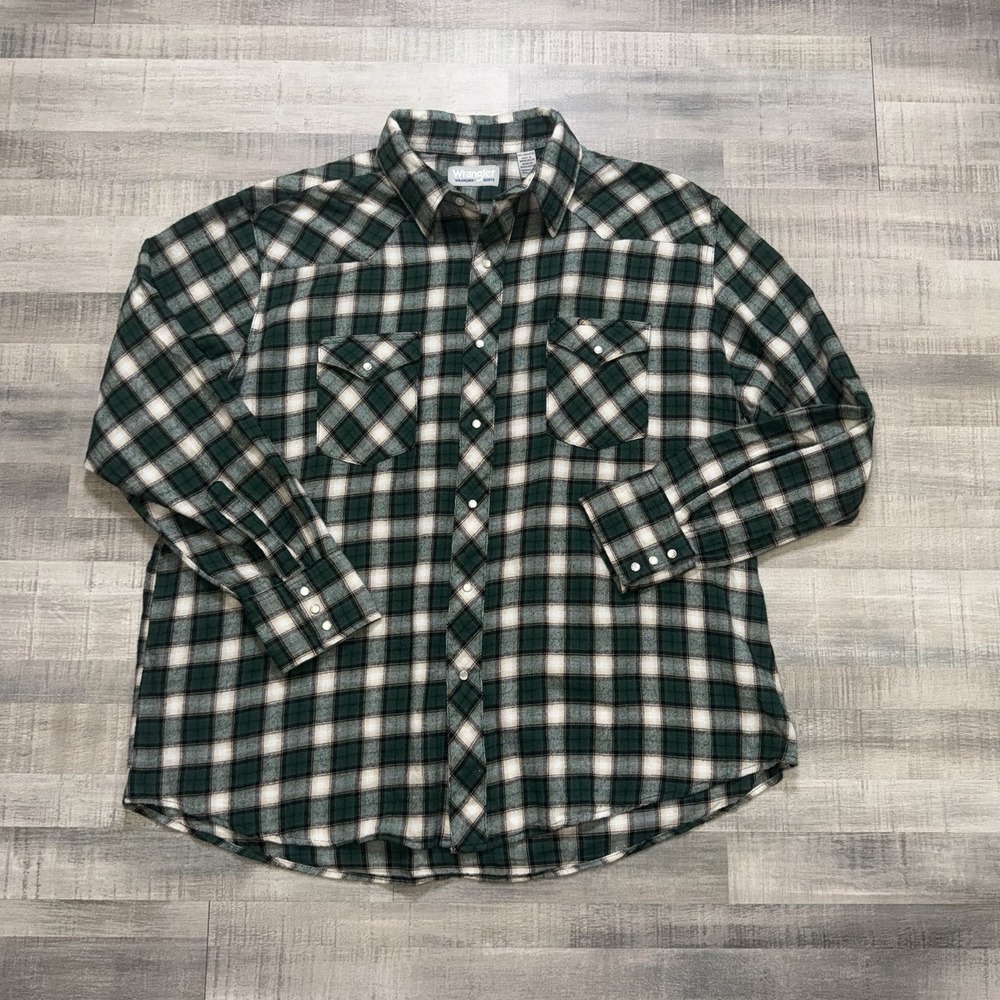Wrangler Wrancher Pearl Snap Flannel Shirt Mens XXL Green Plaid Western Rodeo